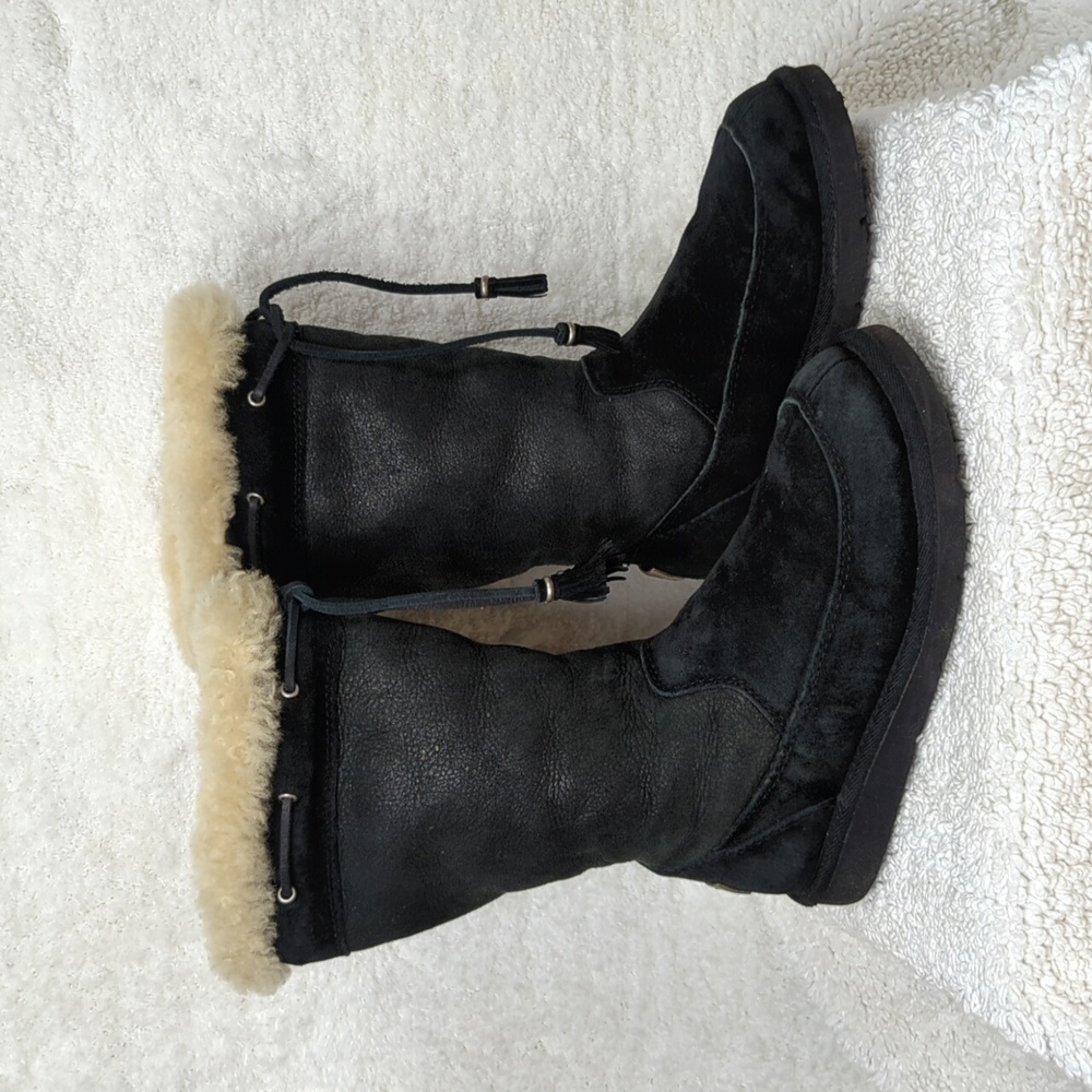 Ugg Shearling Classic Boot Tassels Womens 6 Black Suede Shoes glitter 8
